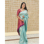 Seduva Women's Litchi silk Printed Saree With Unstitched Blouse (Blue)