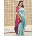 Seduva Women's Litchi silk Printed Saree With Unstitched Blouse (Blue)