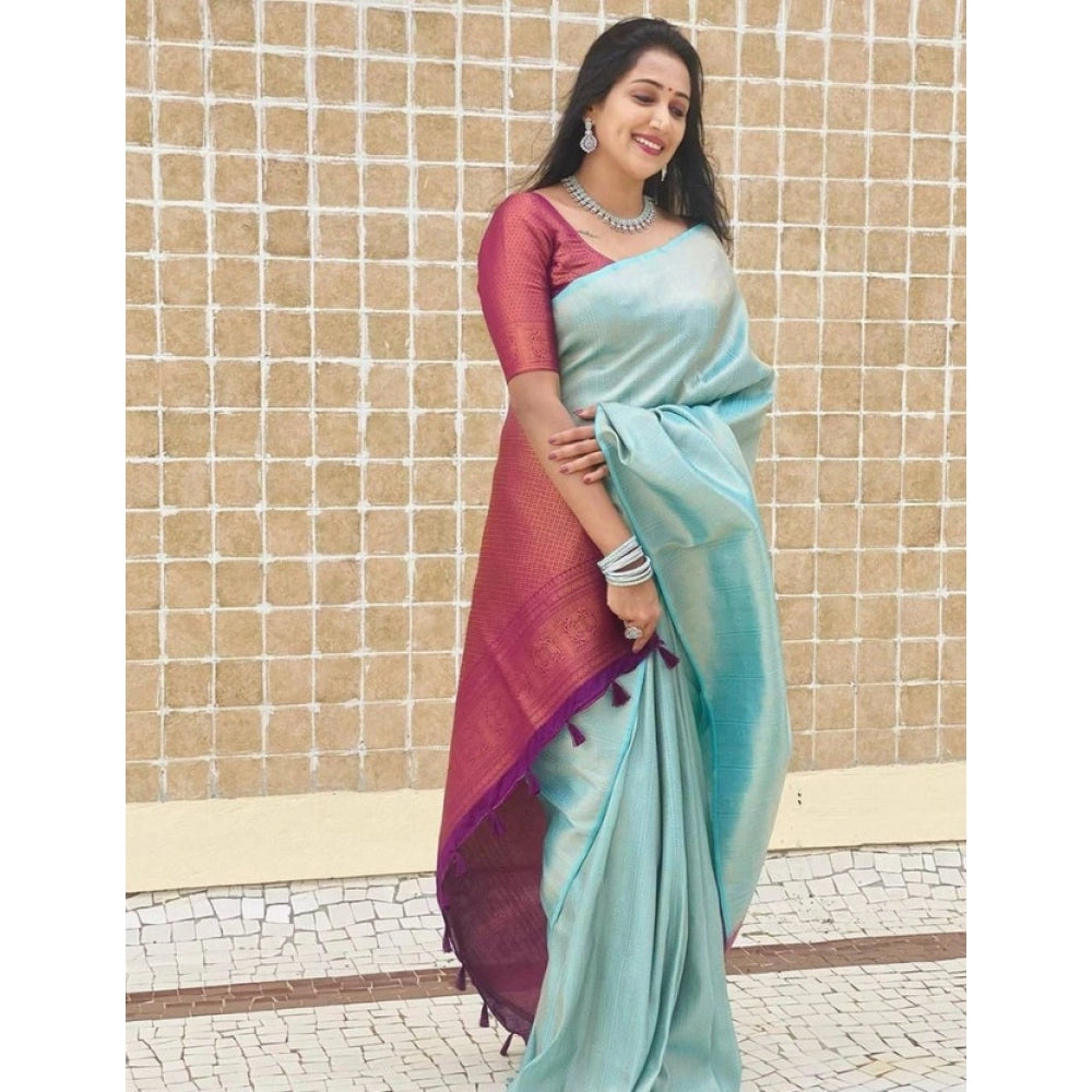 Seduva Women's Litchi silk Printed Saree With Unstitched Blouse (Blue)