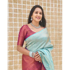 Seduva Women's Litchi silk Printed Saree With Unstitched Blouse (Blue)