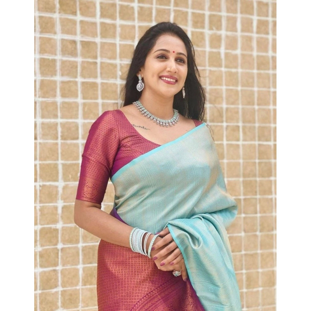 Seduva Women's Litchi silk Printed Saree With Unstitched Blouse (Blue)