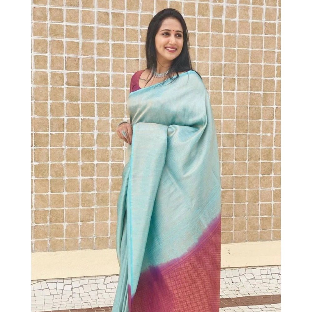 Seduva Women's Litchi silk Printed Saree With Unstitched Blouse (Blue)