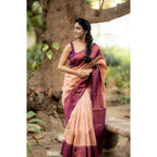 Seduva Women's Litchi silk Printed Saree With Unstitched Blouse (Beige)