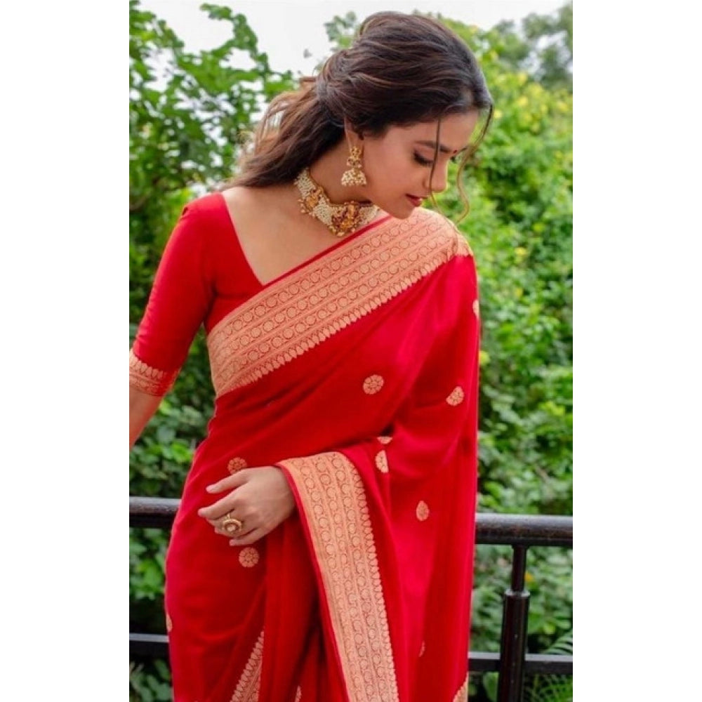 Seduva Women's Litchi silk Printed Saree With Unstitched Blouse (Red)