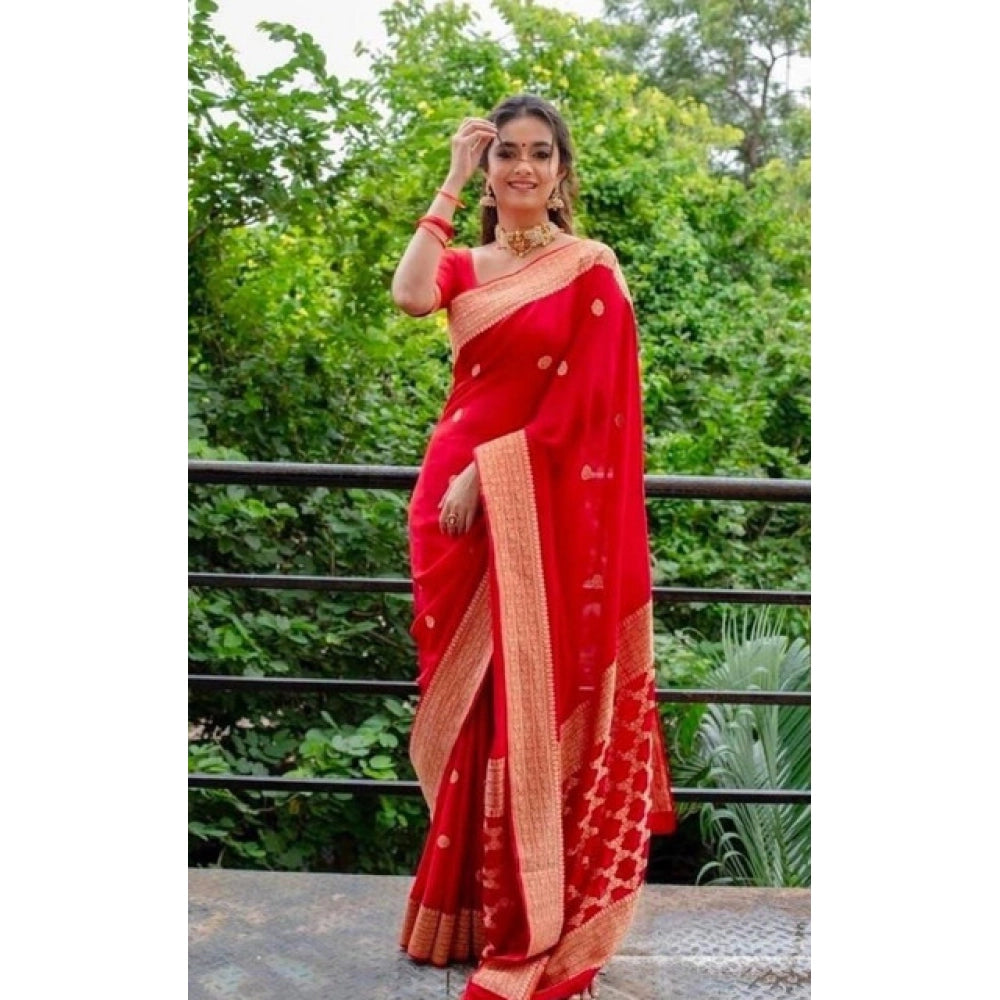 Seduva Women's Litchi silk Printed Saree With Unstitched Blouse (Red)