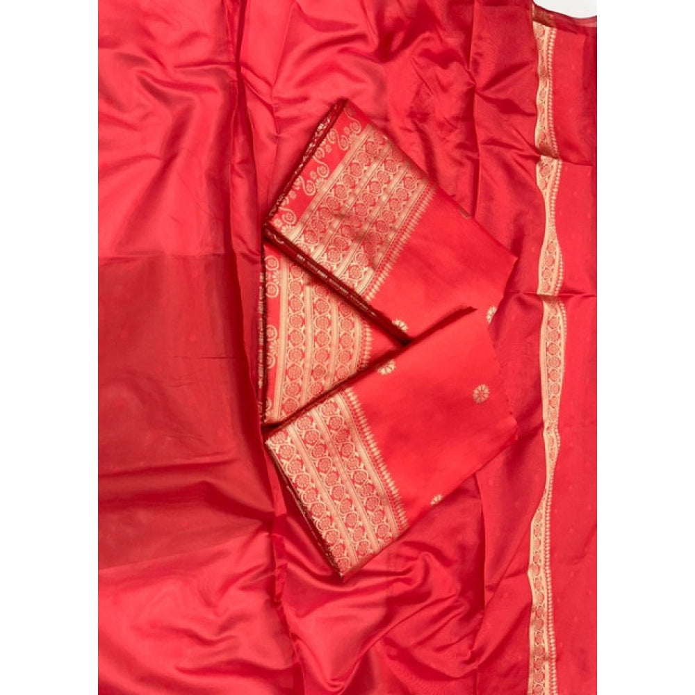 Seduva Women's Litchi silk Printed Saree With Unstitched Blouse (Red)