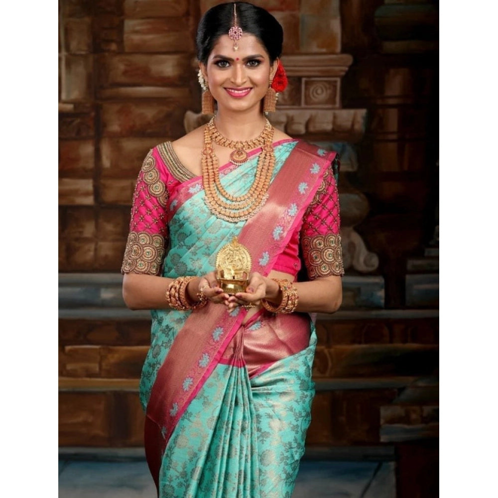 Seduva Women's Litchi silk Printed Saree With Unstitched Blouse (Turquise Blue)