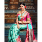 Seduva Women's Litchi silk Printed Saree With Unstitched Blouse (Turquise Blue)