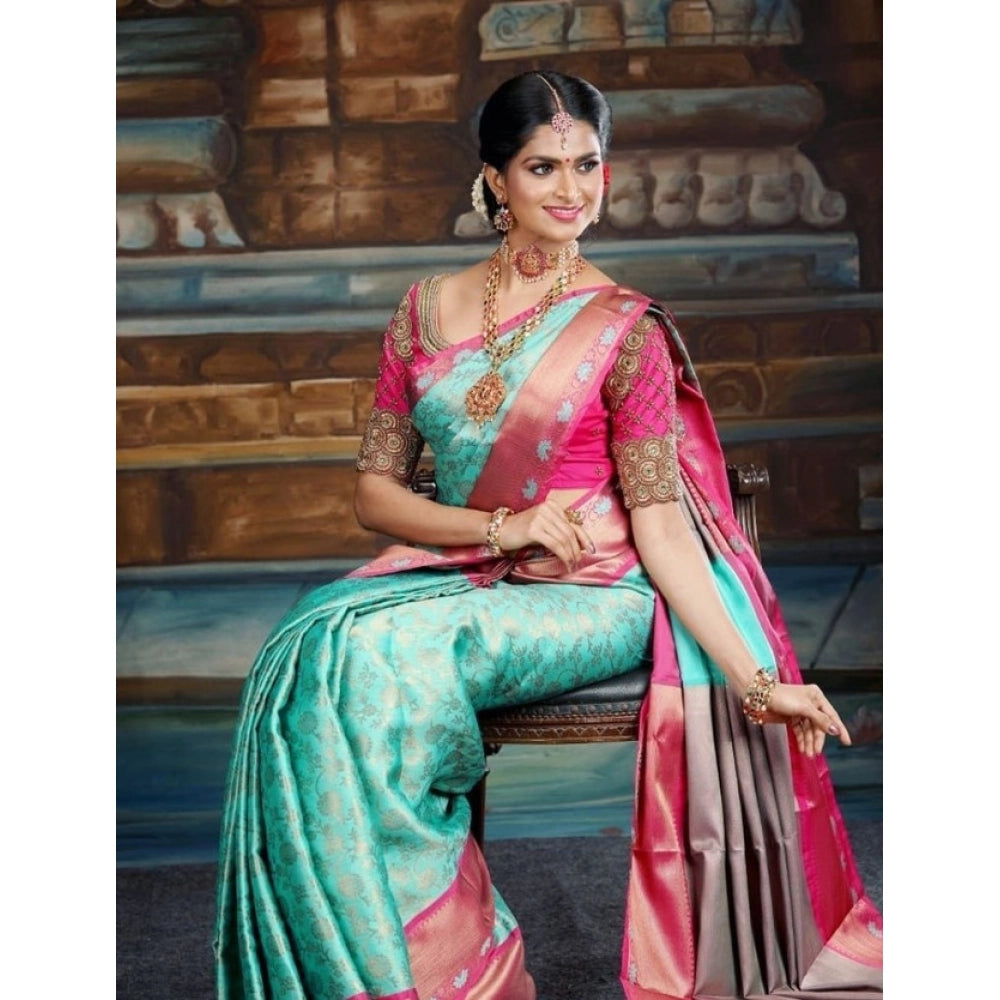 Seduva Women's Litchi silk Printed Saree With Unstitched Blouse (Turquise Blue)