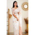 Seduva Women's Litchi silk Printed Saree With Unstitched Blouse (White)