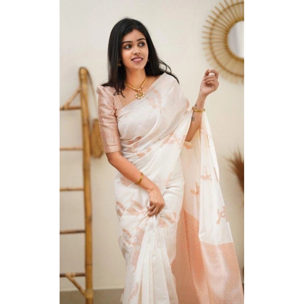 Seduva Women's Litchi silk Printed Saree With Unstitched Blouse (White)
