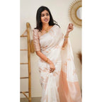 Seduva Women's Litchi silk Printed Saree With Unstitched Blouse (White)