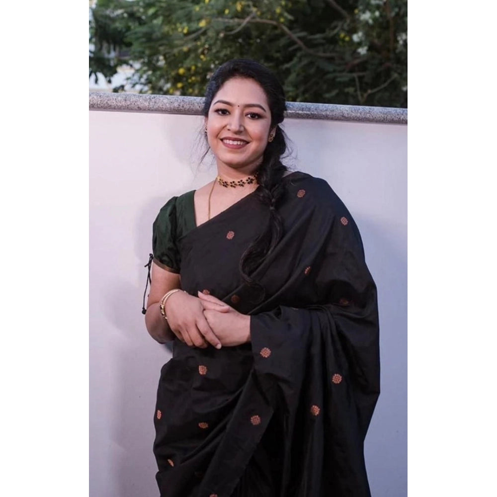 Seduva Women's Litchi silk Printed Saree With Unstitched Blouse (Black)