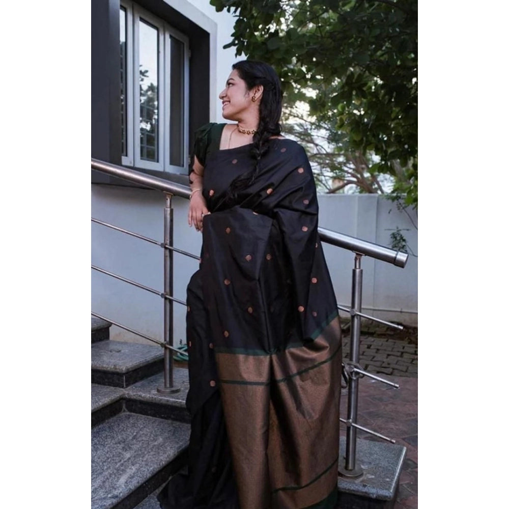 Seduva Women's Litchi silk Printed Saree With Unstitched Blouse (Black)
