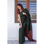 Seduva Women's Litchi silk Printed Saree With Unstitched Blouse (Dark Green)
