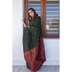 Seduva Women's Litchi silk Printed Saree With Unstitched Blouse (Dark Green)