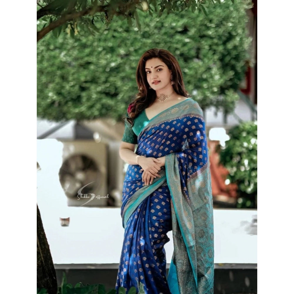Seduva Women's Litchi silk Printed Saree With Unstitched Blouse (Navy Blue)