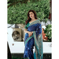Seduva Women's Litchi silk Printed Saree With Unstitched Blouse (Navy Blue)