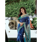 Seduva Women's Litchi silk Printed Saree With Unstitched Blouse (Navy Blue)