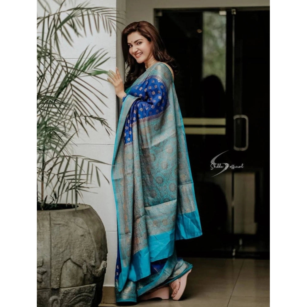 Seduva Women's Litchi silk Printed Saree With Unstitched Blouse (Navy Blue)