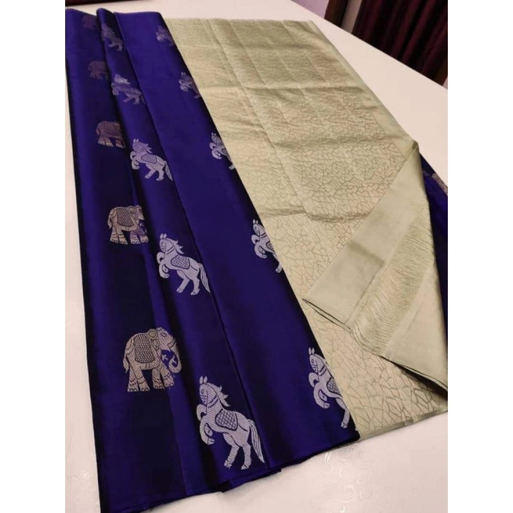 Seduva Women's Litchi silk Printed Saree With Unstitched Blouse (Navy Blue With White)