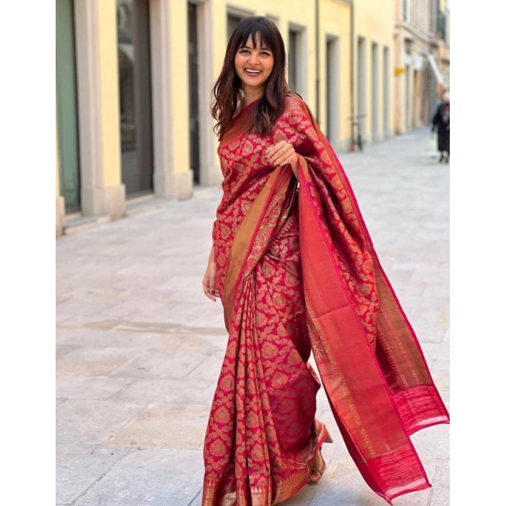 Seduva Women's Litchi silk Printed Saree With Unstitched Blouse (Red)