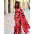 Seduva Women's Litchi silk Printed Saree With Unstitched Blouse (Red)