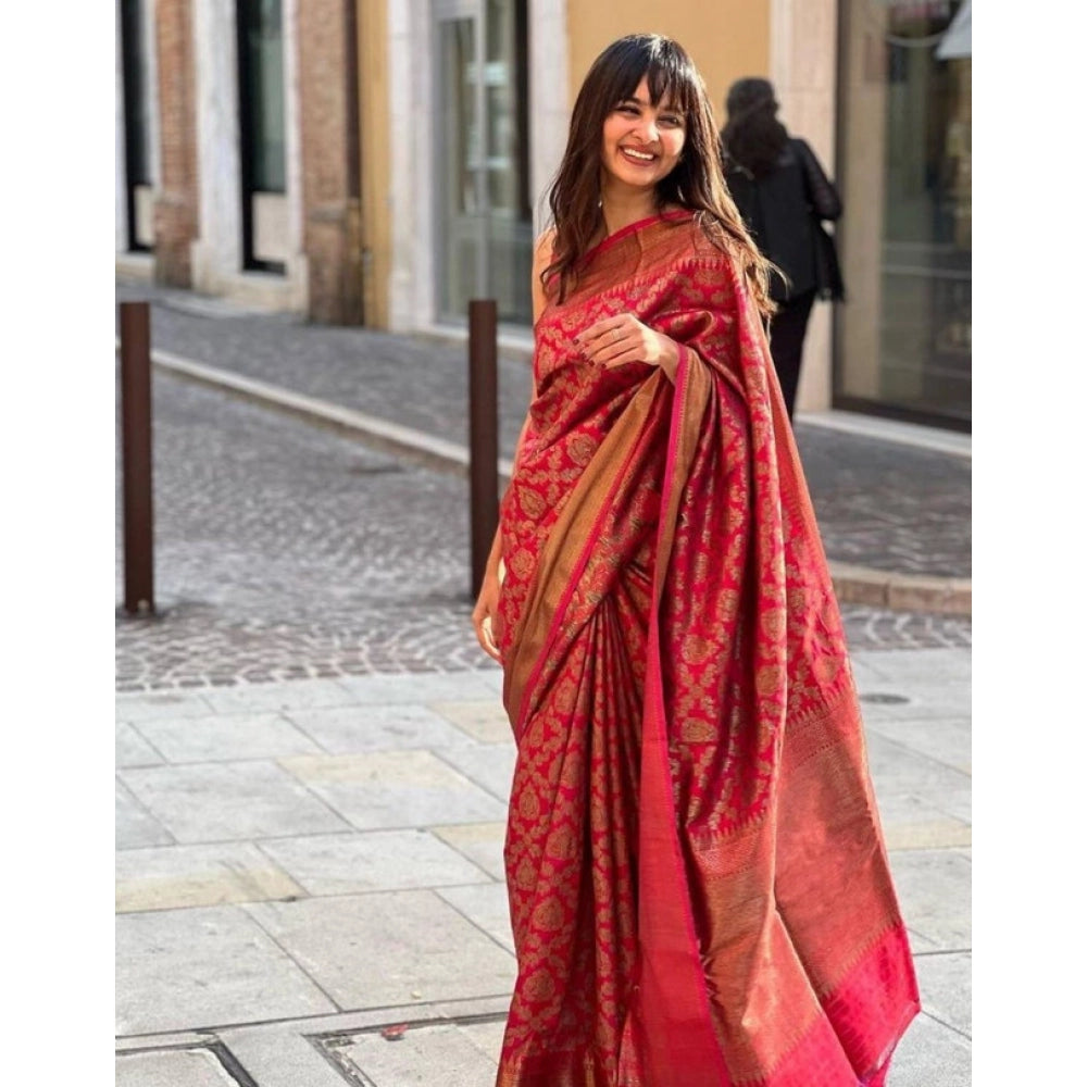 Seduva Women's Litchi silk Printed Saree With Unstitched Blouse (Red)