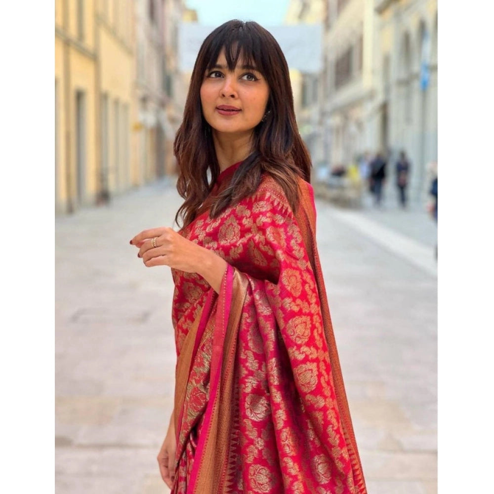 Seduva Women's Litchi silk Printed Saree With Unstitched Blouse (Red)