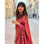 Seduva Women's Litchi silk Printed Saree With Unstitched Blouse (Red)