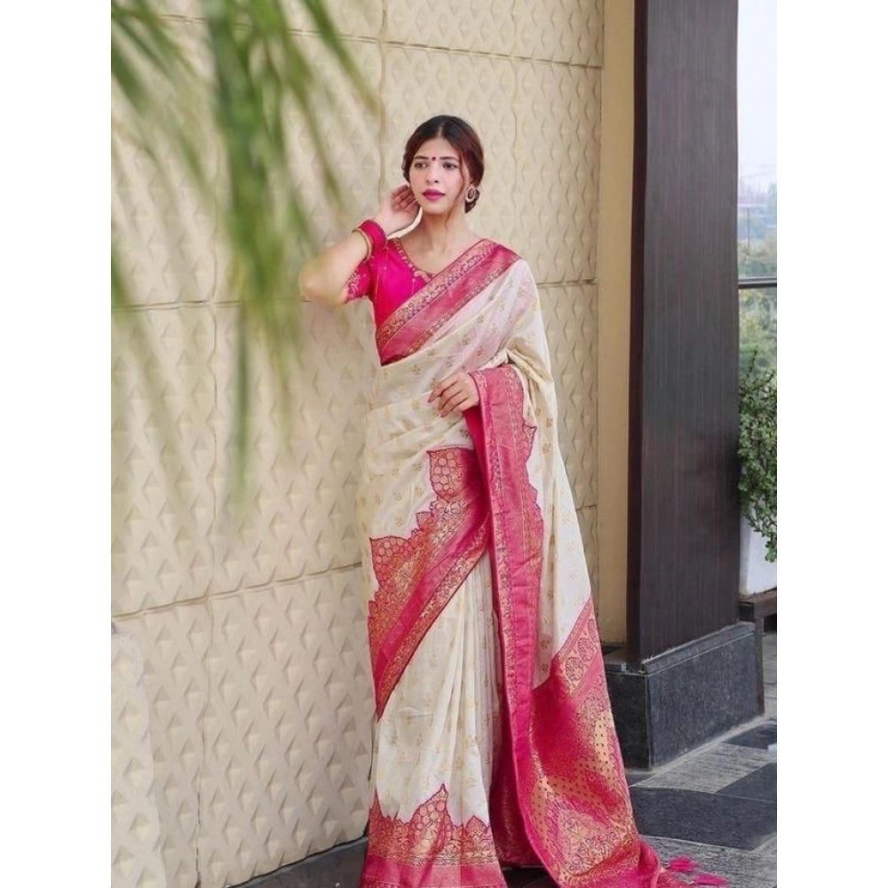Seduva Women's Litchi silk Printed Saree With Unstitched Blouse (Half White)