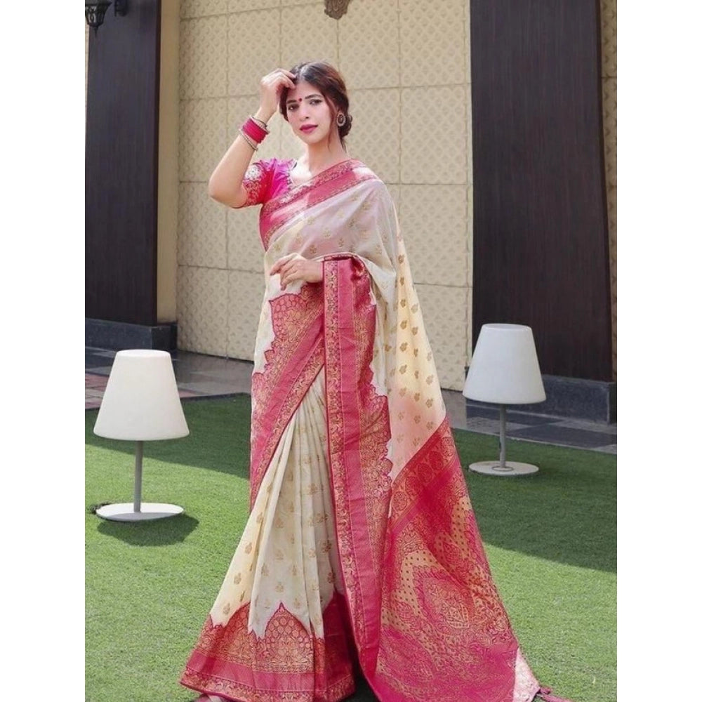 Seduva Women's Litchi silk Printed Saree With Unstitched Blouse (Half White)