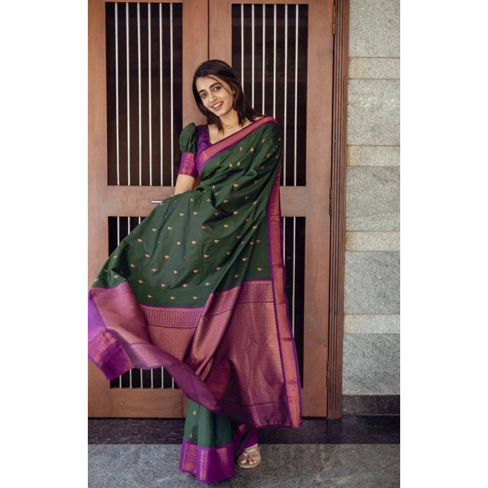 Seduva Women's Litchi silk Printed Saree With Unstitched Blouse (Dark Green)