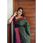 Seduva Women's Litchi silk Printed Saree With Unstitched Blouse (Dark Green)