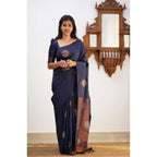 Seduva Women's Litchi silk Printed Saree With Unstitched Blouse (Dark Blue)