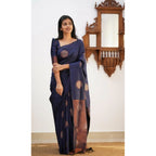 Seduva Women's Litchi silk Printed Saree With Unstitched Blouse (Dark Blue)