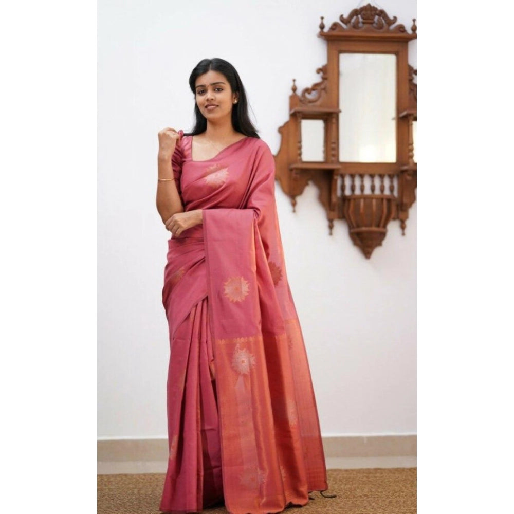 Seduva Women's Litchi silk Printed Saree With Unstitched Blouse (Peach)