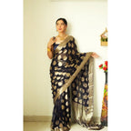 Seduva Women's Litchi silk Printed Saree With Unstitched Blouse (Black)