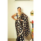 Seduva Women's Litchi silk Printed Saree With Unstitched Blouse (Black)