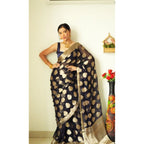 Seduva Women's Litchi silk Printed Saree With Unstitched Blouse (Black)