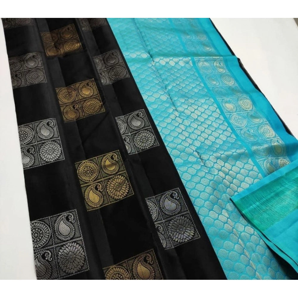 Seduva Women's Litchi silk Printed Saree With Unstitched Blouse (Black With Blue)
