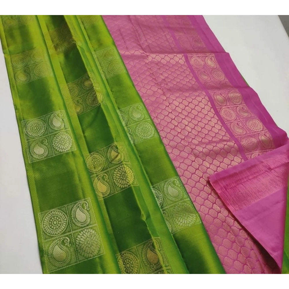 Seduva Women's Litchi silk Printed Saree With Unstitched Blouse (Green With Pink)