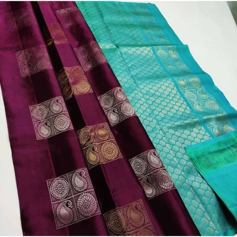 Seduva Women's Litchi silk Printed Saree With Unstitched Blouse (Maroon With Turquise Green)