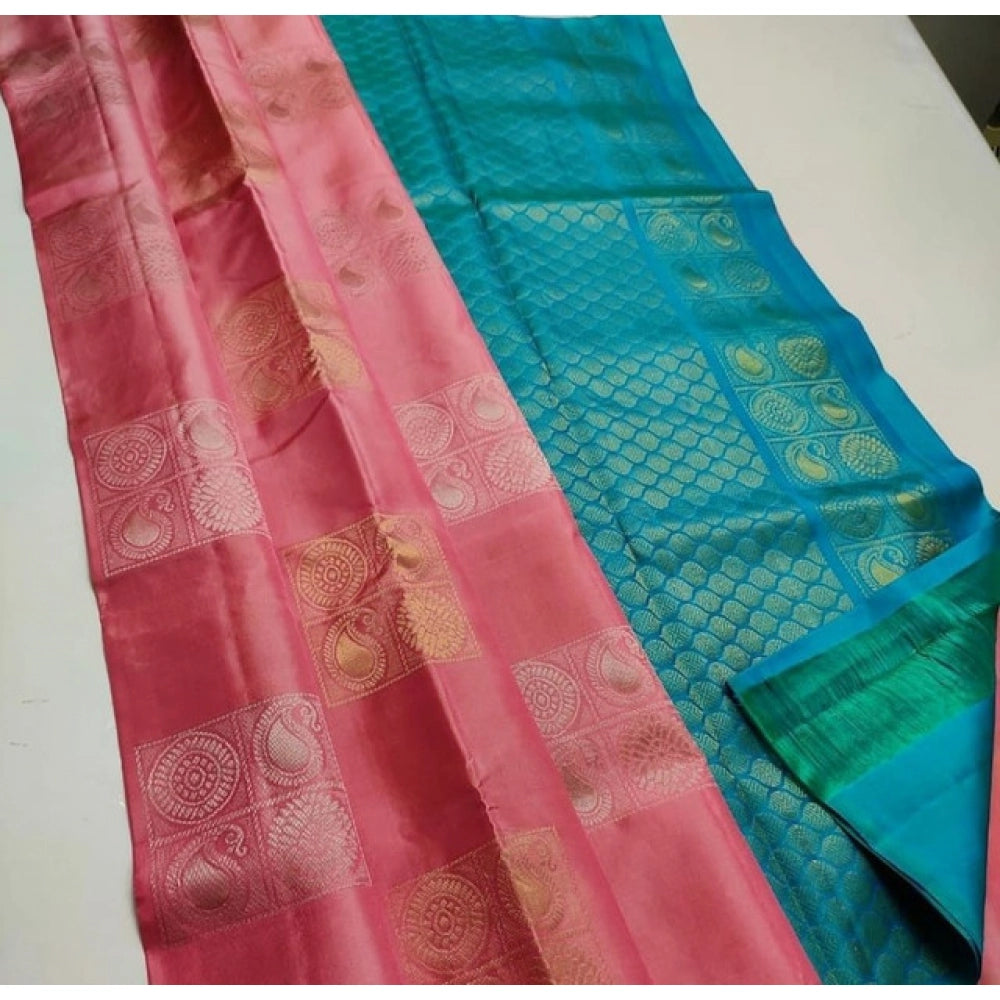Seduva Women's Litchi silk Printed Saree With Unstitched Blouse (Peach With Turquise Green)