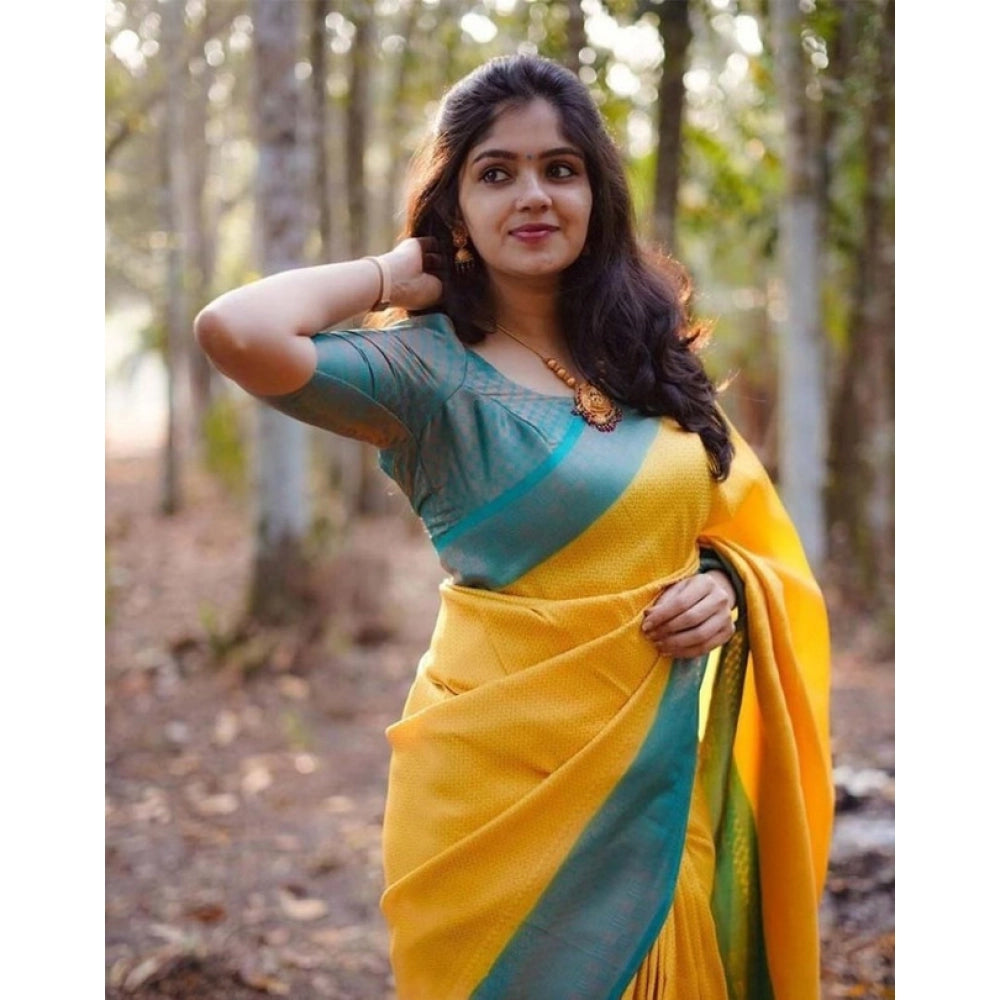 Seduva Women's Litchi silk Printed Saree With Unstitched Blouse (Yellow)