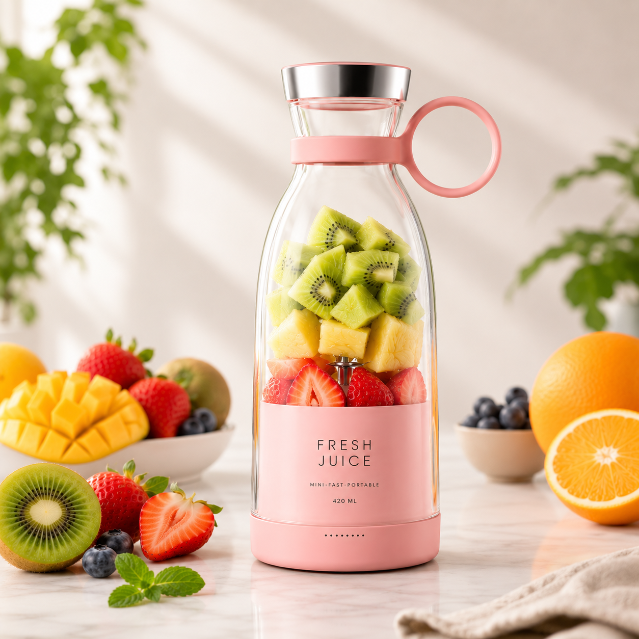 Pink portable blender filled with fruits on a wooden table with a blurred background