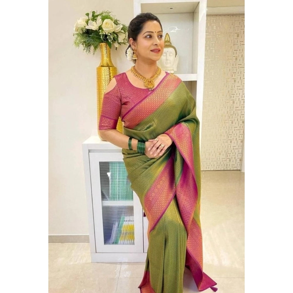 Seduva Women's Soft Lichi Silk Printed Saree With Unstitched Blouse 5.5Mtr (Mehndi-Green)