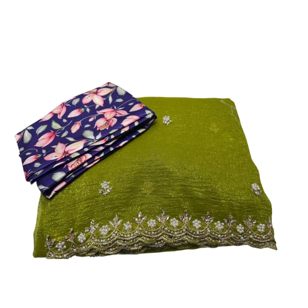 Seduva Women's Stone Work Soft Silk Saree With Unstitched Blouse (Green, 5-6 Mtrs)