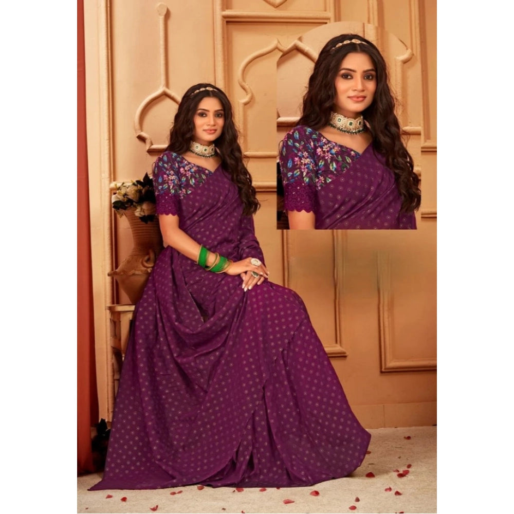 Seduva Women's Printed Brasso Saree With Unstitched Blouse (Magenta, 5-6 Mtrs)