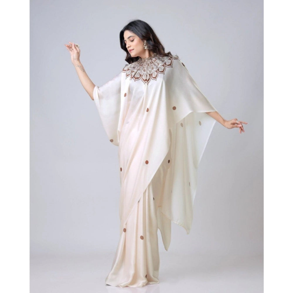 Seduva Women's Soft Crepe Silk Printed Ready To Wear Saree With Unstitched Blouse 5.5Mtr (Off White)